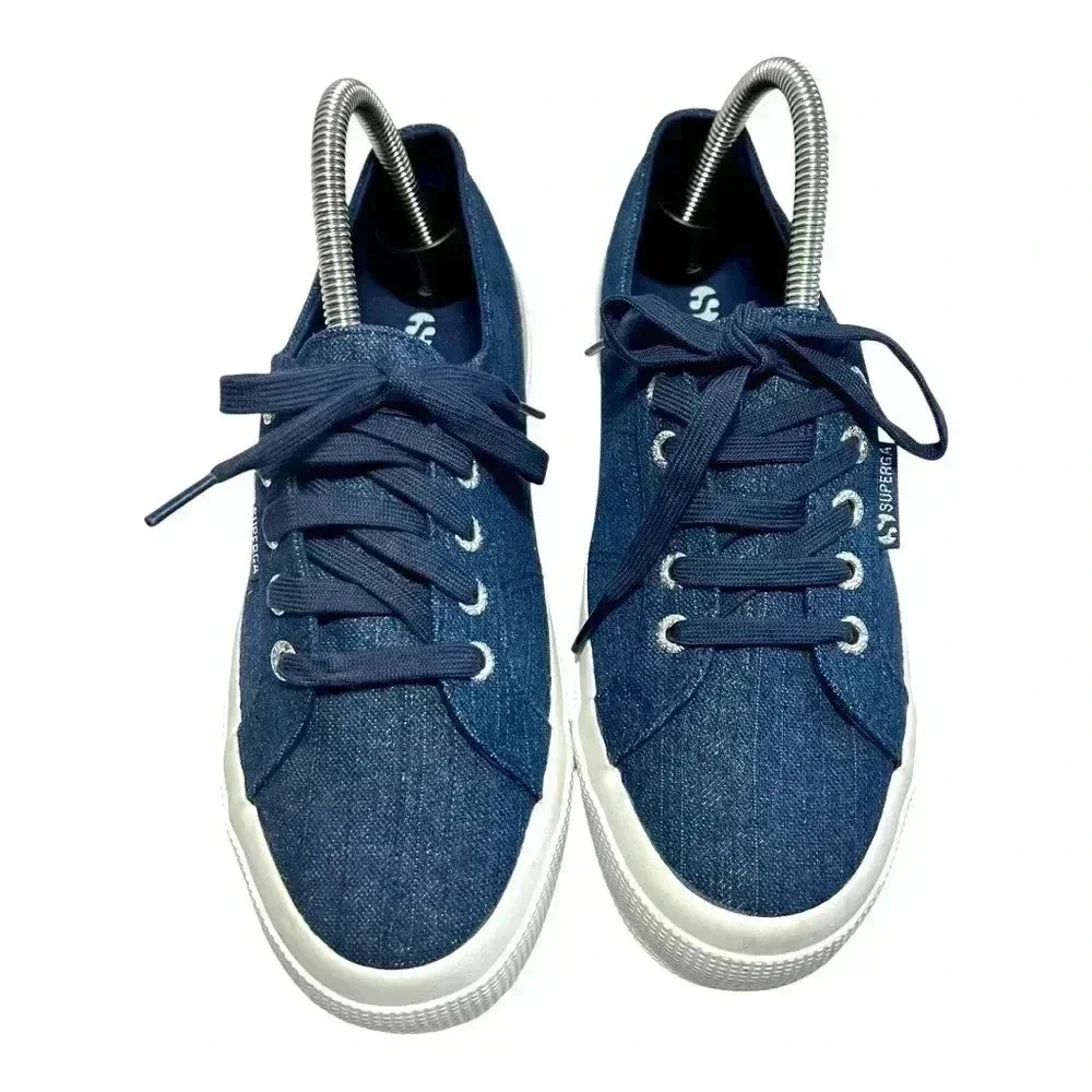 Superga 2750 Cotu Classic Blue Denim And Gold Shimmer Sneaker Women’s 7.5
